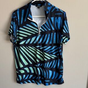 Acegolfs Woman’s Multi Colored Short-Sleeve Zip Polo with Blue & Mint Leaf Print